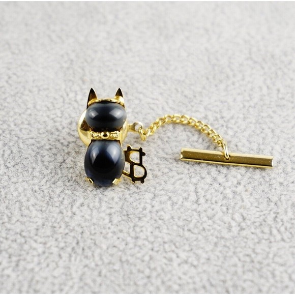 HOB & Co Cat Jelly Belly Cabochon Tie Tack Gray/Black Tiger Eye Like Gold Tone - Picture 5 of 11